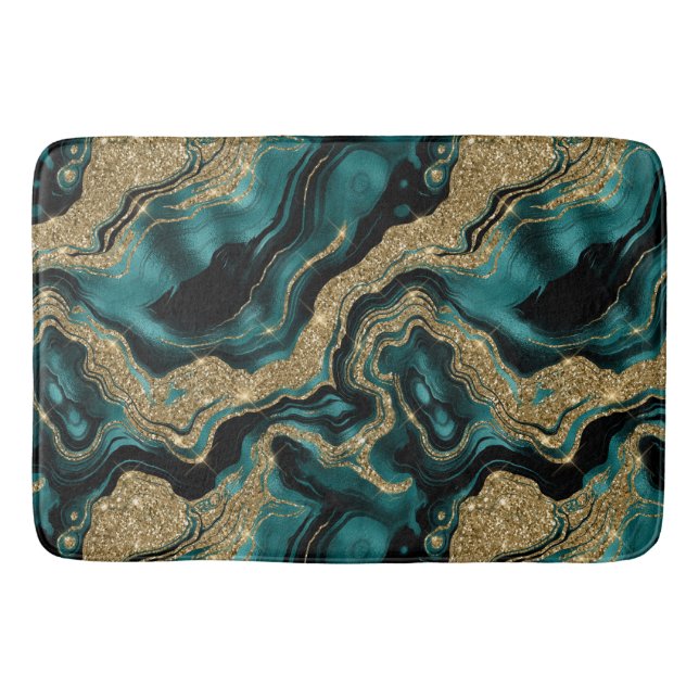 Elegant Teal and Gold Glitter Agate Pattern Bath Mat (Front)