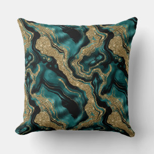 Elegant Teal and Gold Glitter Agate Pattern Cushion
