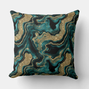 Elegant Teal and Gold Glitter Agate Pattern Cushion