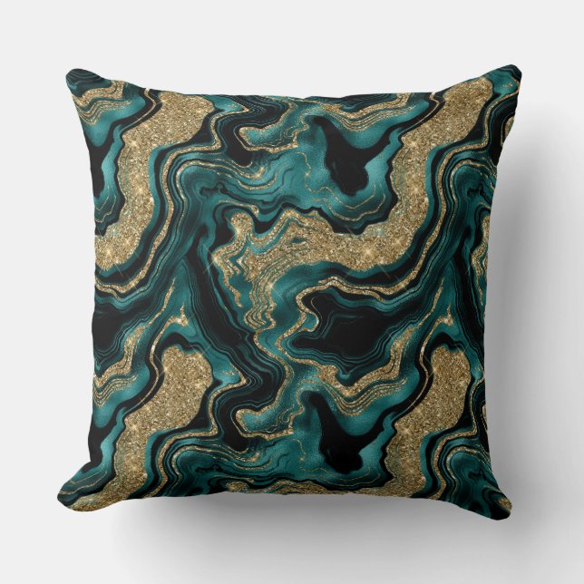 Elegant Teal and Gold Glitter Agate Pattern Cushion (Front)