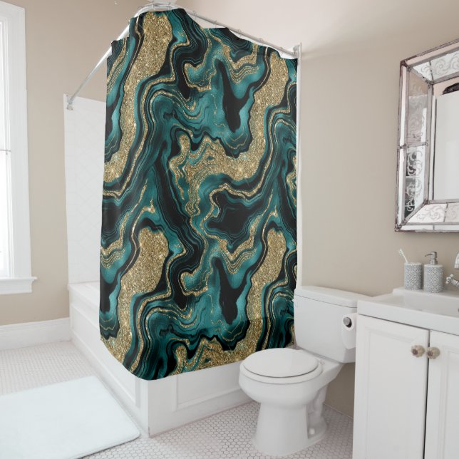 Elegant Teal and Gold Glitter Agate Pattern Shower Curtain (In Situ)