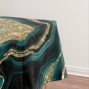 Elegant Teal and Gold Glitter Agate Pattern Tablecloth