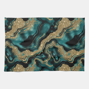 Elegant Teal and Gold Glitter Agate Pattern Tea Towel