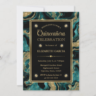 Elegant Teal and Gold Glitter Agate Quinceanera Invitation