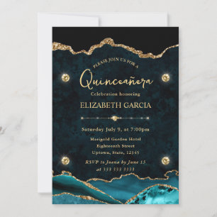Elegant Teal and Gold Glitter Agate Quinceanera Invitation