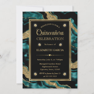 Elegant Teal and Gold Glitter Agate Quinceanera Invitation
