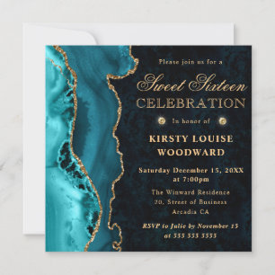 Elegant Teal and Gold Glitter Agate Sweet Sixteen Invitation