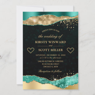 Elegant Teal and Gold Glitter Glam Tears Wedding Invitation