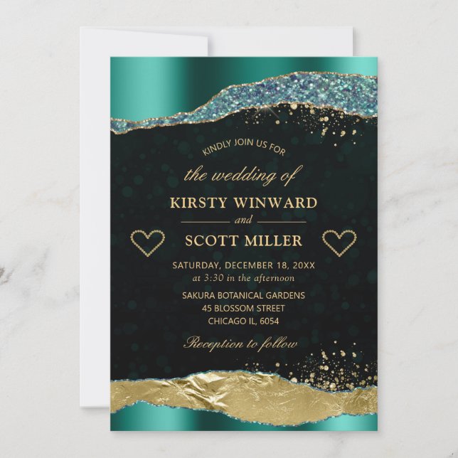 Elegant Teal and Gold Glitter Glam Tears Wedding Invitation (Front)
