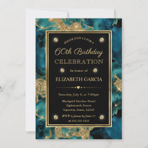 Elegant Teal and Gold Glitter Ink 60th Birthday Invitation