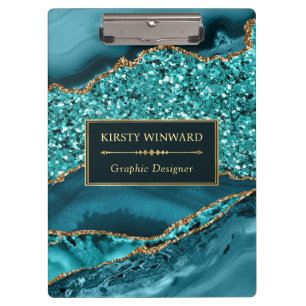 Elegant Teal and Gold Glitter Ocean Agate Clipboard