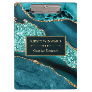 Elegant Teal and Gold Glitter Ocean Agate Clipboard