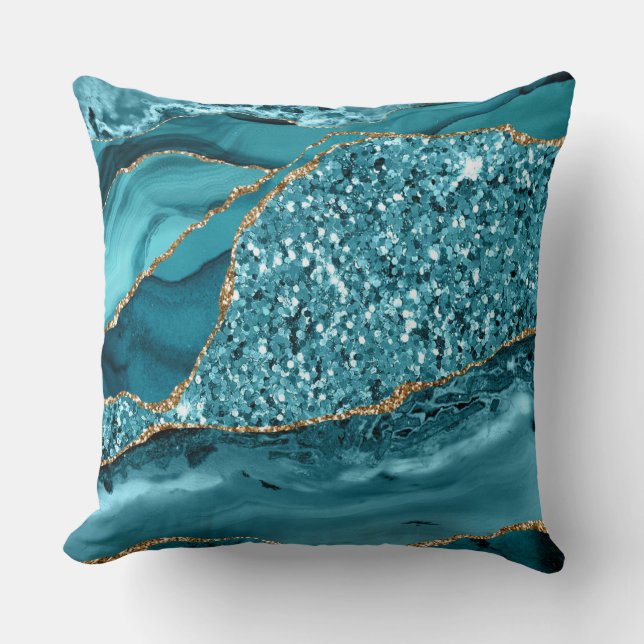 Elegant Teal and Gold Glitter Ocean Agate Cushion (Front)