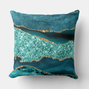Elegant Teal and Gold Glitter Ocean Agate Cushion