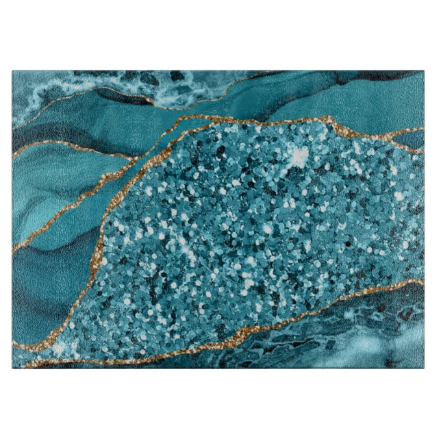 Elegant Teal and Gold Glitter Ocean Agate Cutting Board (Front)