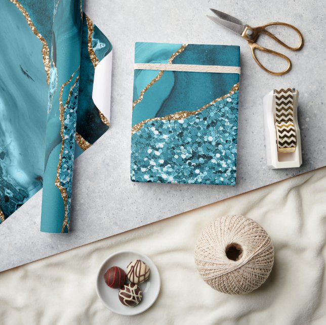Elegant Teal and Gold Glitter Ocean Agate Geode Wrapping Paper (Crafts)