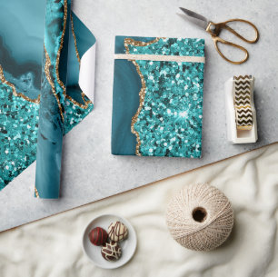 Elegant Teal and Gold Glitter Ocean Agate Geode Wrapping Paper