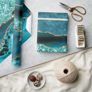 Elegant Teal and Gold Glitter Ocean Agate Geode Wrapping Paper