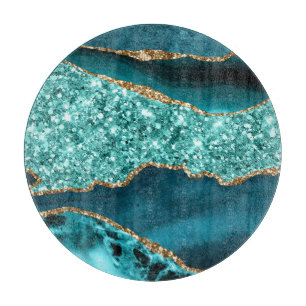 Elegant Teal and Gold Glitter Ocean Agate Laptop Cutting Board