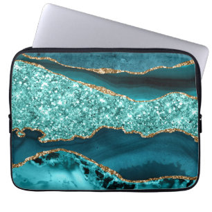 Elegant Teal and Gold Glitter Ocean Agate Laptop Sleeve