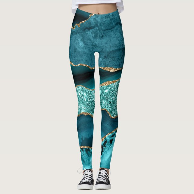 Elegant Teal and Gold Glitter Ocean Agate Leggings (Front)