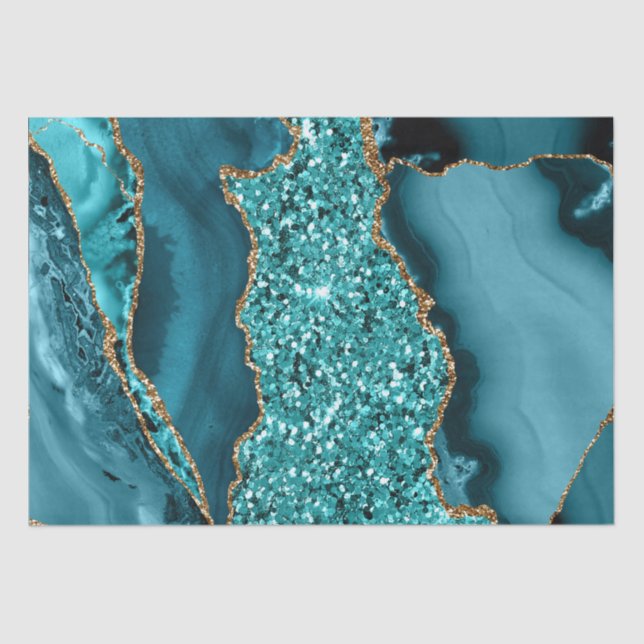 Elegant Teal and Gold Glitter Ocean Agate Tissue Paper (Front)