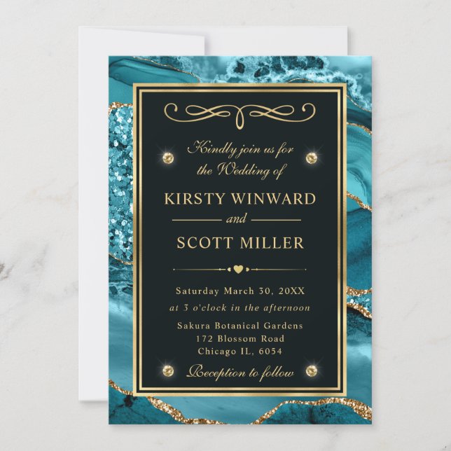 Elegant Teal and Gold Glitter Ocean Agate Wedding Invitation (Front)
