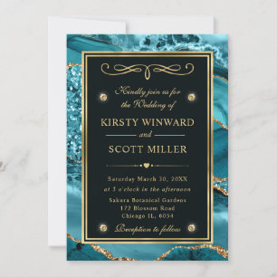 Elegant Teal and Gold Glitter Ocean Agate Wedding Invitation