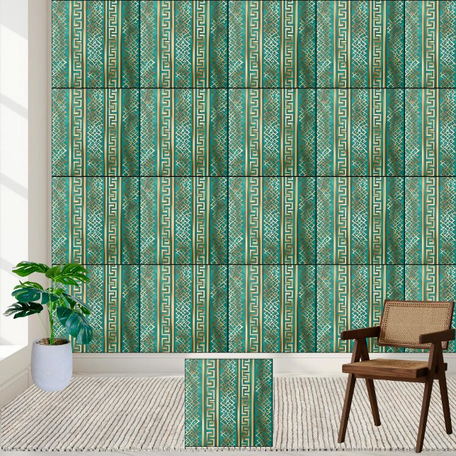 Elegant Teal and Gold Greek Key Pattern Tile (Elegant Teal and Gold Greek Key Pattern Tile)