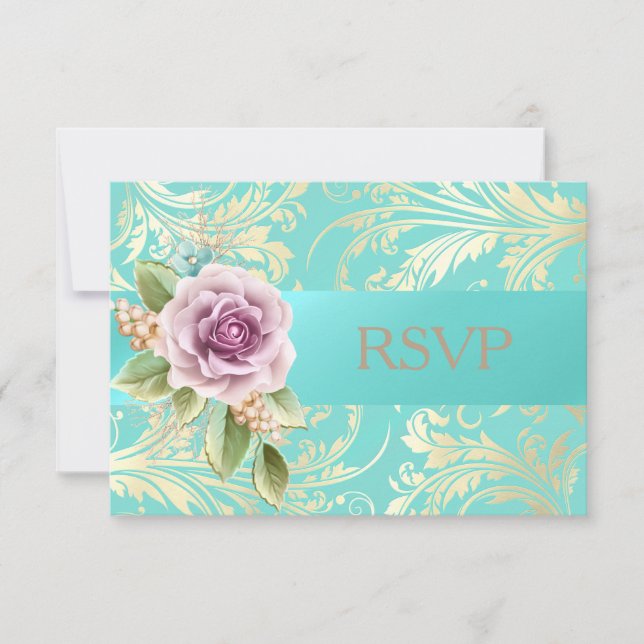 Elegant Teal and Gold Lavender RSVP Floral (Front)
