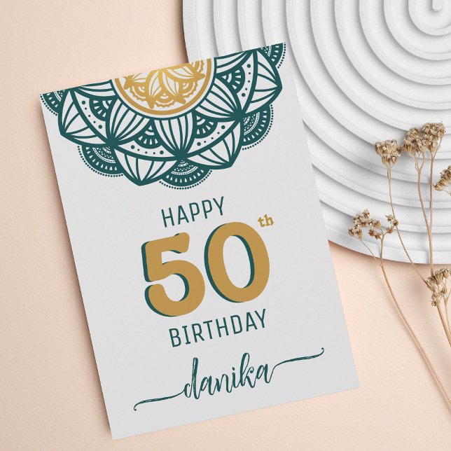 Elegant Teal and Gold Mandala 50th Birthday Card (Creator Uploaded)