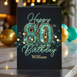 Elegant Teal and Gold Metallic 80th Birthday Card