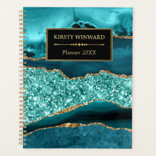 Elegant Teal and Gold Ocean Glitter Agate Planner
