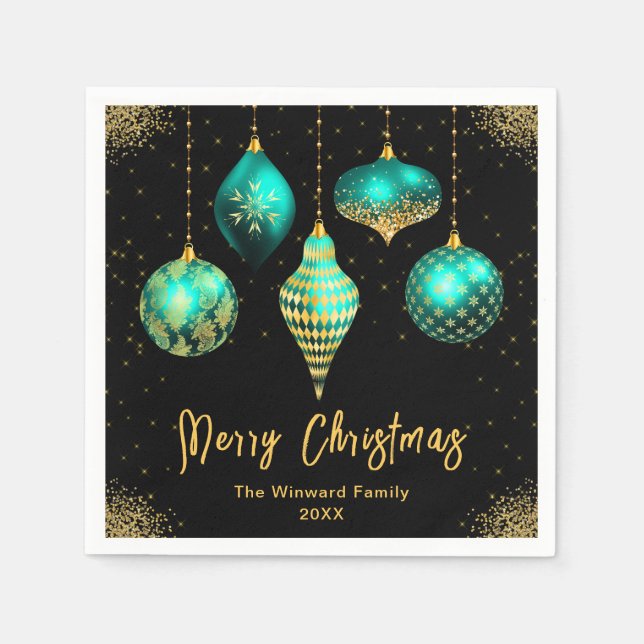 Elegant Teal and Gold Ornament Christmas Napkin (Front)