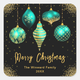 Elegant Teal and Gold Ornament Christmas Square Sticker