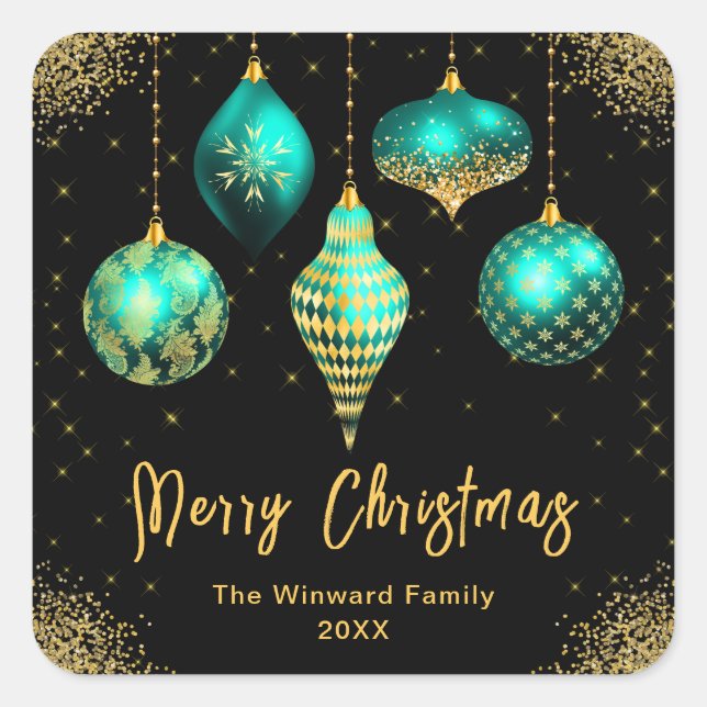 Elegant Teal and Gold Ornament Christmas Square Sticker (Front)