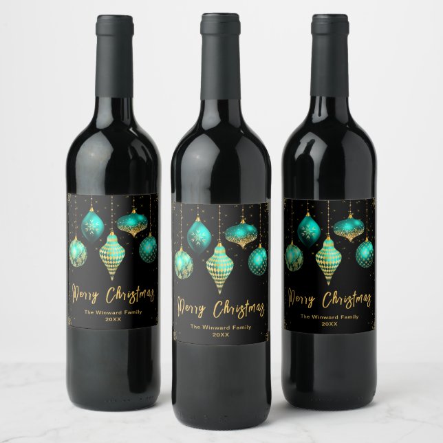 Elegant Teal and Gold Ornament Christmas Wine Label (Bottles)