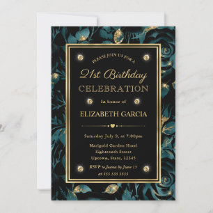 Elegant Teal and Gold Rose Floral 21st Birthday Invitation
