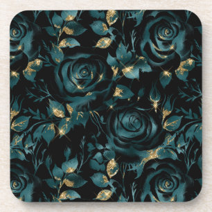 Elegant Teal and Gold Rose Floral Pattern Coaster