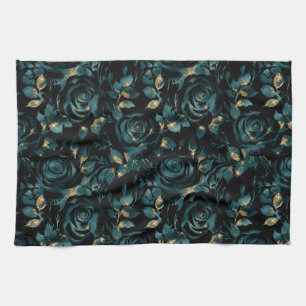 Elegant Teal and Gold Rose Floral Pattern Tea Towel