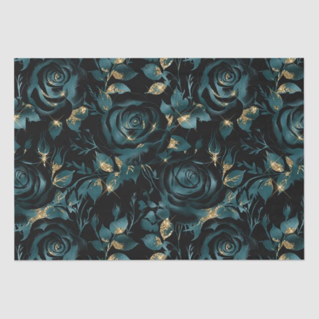 Elegant Teal and Gold Rose Floral Pattern Tissue Paper (Front)