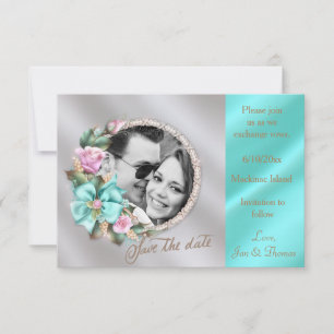 Elegant Teal and Gold Silver Photo Save the Date