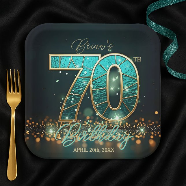 Elegant Teal and Gold Stained Glass 70th Birthday Paper Plate (Creator Uploaded)