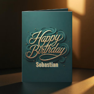 Elegant Teal and Gold Swirly Calligraphy Birthday Card
