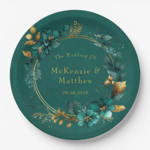 Elegant Teal and Gold Watercolor Floral Wedding Paper Plate