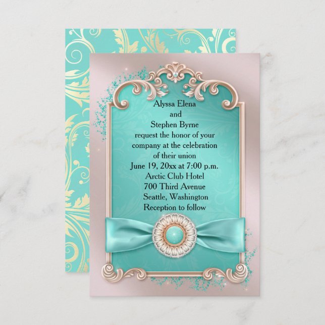 Elegant Teal and Gold Wedding Invitation (Front/Back)