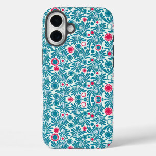 Elegant Teal and Magenta Foliage Pattern iPhone 16 Plus Case
