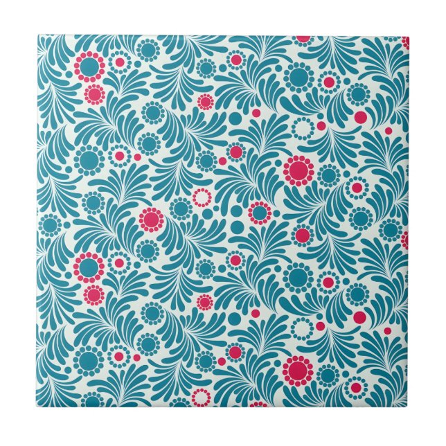Elegant Teal and Magenta Foliage Pattern Ceramic Tile (Front)