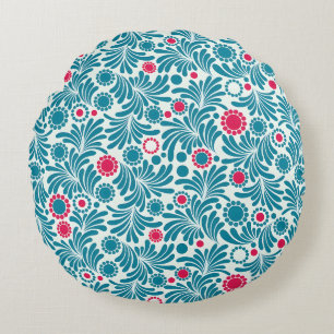 Elegant Teal and Magenta Foliage Pattern Round Cushion