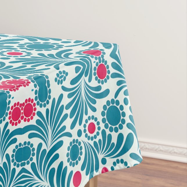 Elegant Teal and Magenta Foliage Pattern Tablecloth (In Situ)